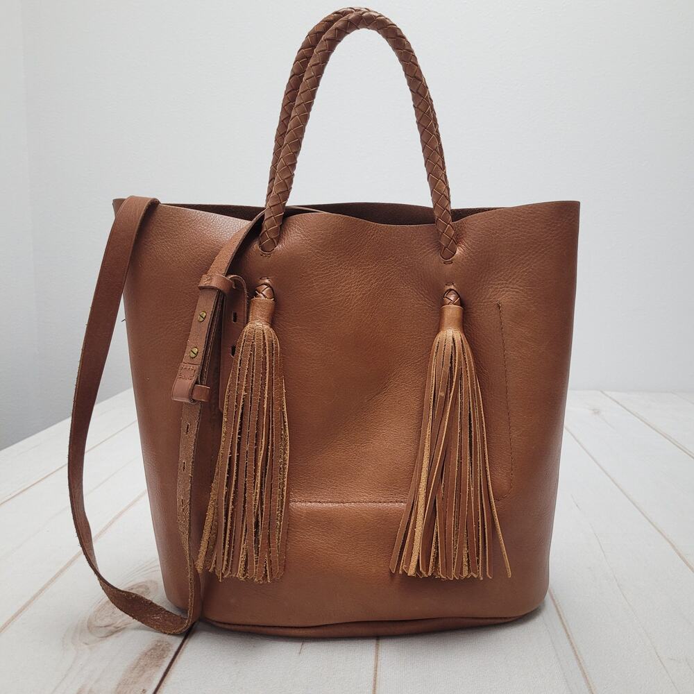 Madewell the Tasseled bucket bag brown braided leather boho western tote